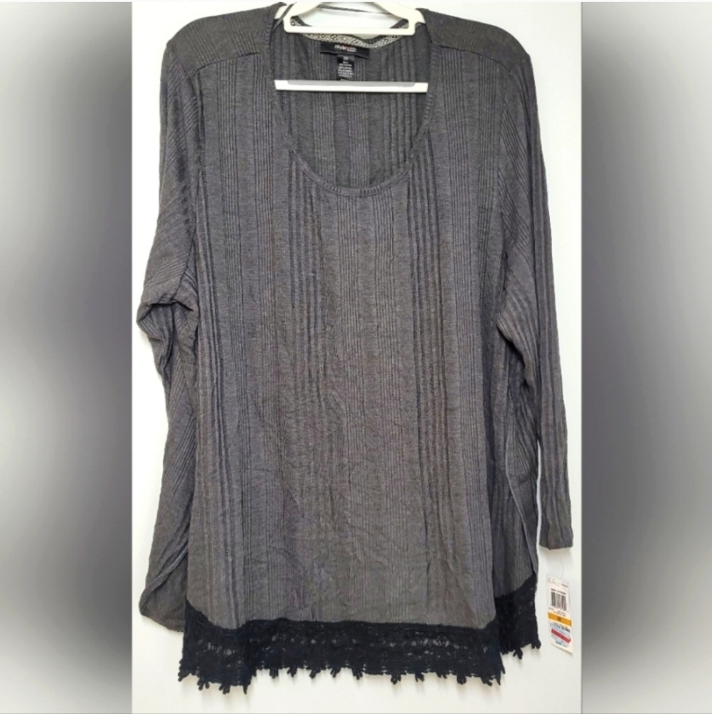 Style & Co. Rib Knit Pullover  Scoop Neck Blouse Split Sides Crochet Hem 3X
